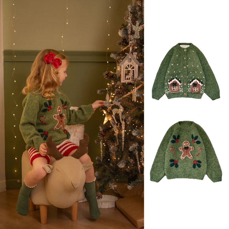 Children's Christmas Sweater Autumn and Winter Gingerbread Man Embroidered Knitwear for Boys and Girls Baby Holiday Atmosphere Pullover Cardigan