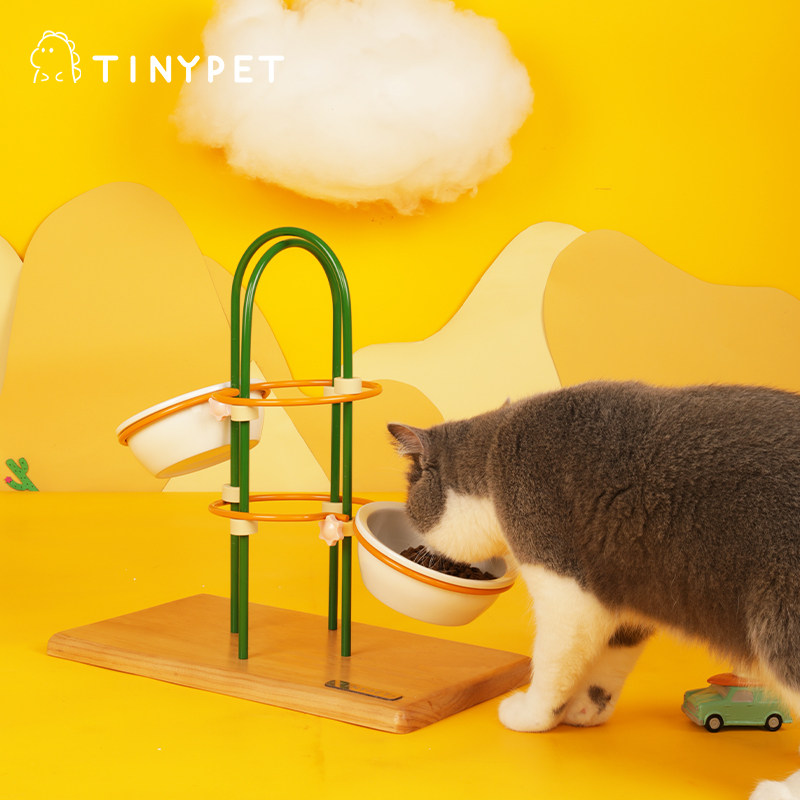 Tinypet small mustard cactus cat bowl protects cervical spine ceramic pet double bowl high foot anti-overturning adjustable bowl