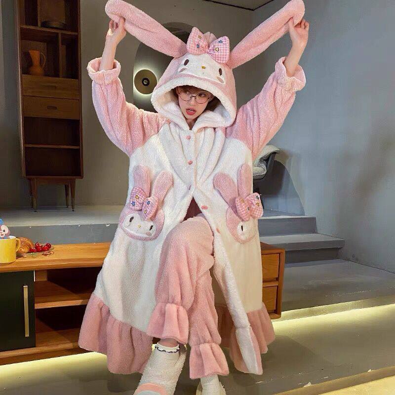Melody pajamas women's autumn and winter warm home clothes coral fleece women's nightgown nightdress hooded cute can be worn outside