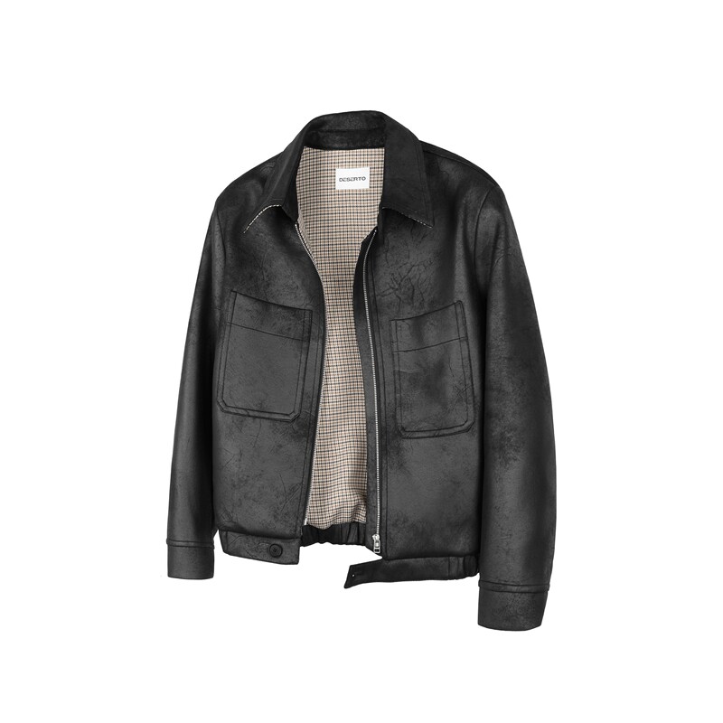 Deserto Frost Cracked Houndstooth Lined Pu Leather Hunting Jacket Cleanfit Short Wide Jacket for Men