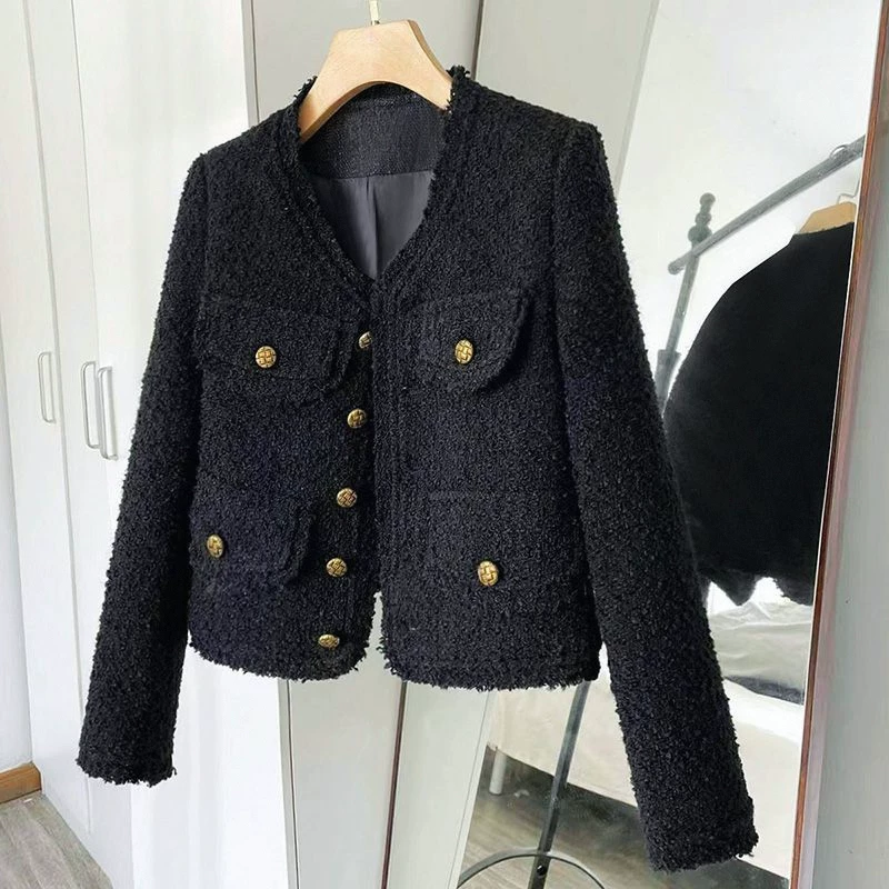 Черная короткая осенняя куртка, брендовая с длинным рукавом, стиль Chanel, 2024 год