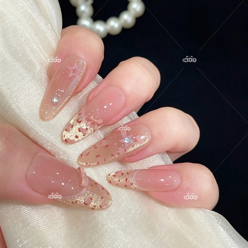[Sweet Star Milk Leopard] Autumn New Style White-Enhancing Pink Leopard Print Bow French Cat-Eye Manicure Handmade Wearable Nails