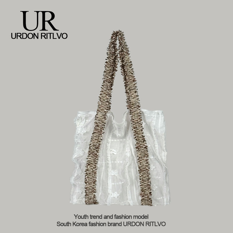 Urdon Ritlvo White Floral Wide Webbing Textured Canvas Bag Large Capacity Shoulder Bag Artistic Underarm Bag