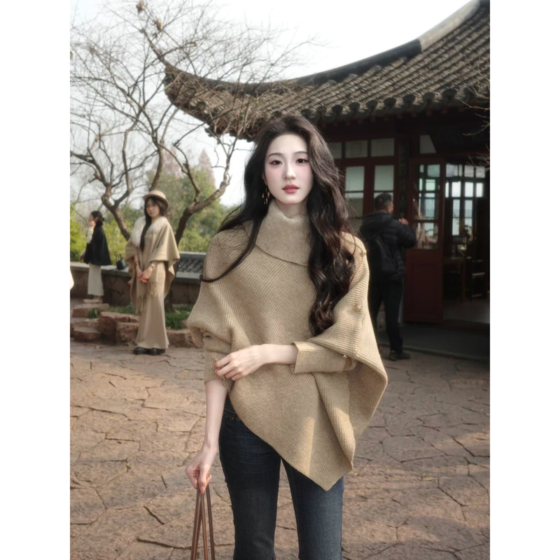 Lazy High-Neck Batwing Sleeve Sweater for Women, Autumn and Winter 2026 New Style, Korean Style, Elegant Outfit, Irregular Knitted Top