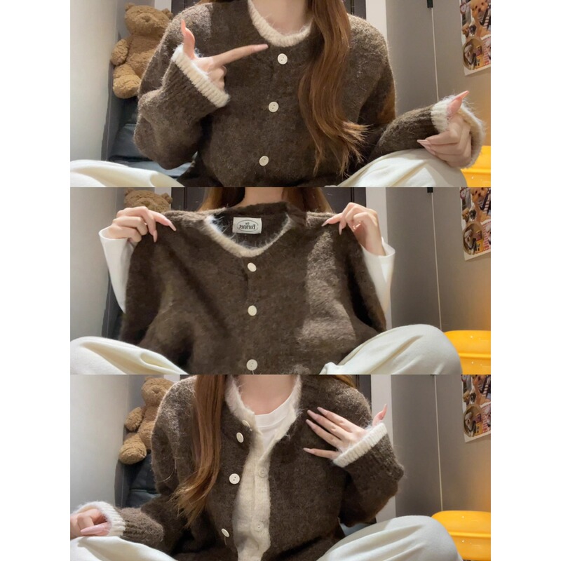 Milad Retro Coffee-Colored Fake Two-Piece Sweater for Women, Autumn and Winter, High-End, Lazy Style, Versatile Knitted Top