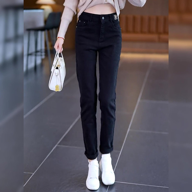 Eurant Korean version Black high waist straight cylinder Jeans Woman 2023 Autumn new little small football-style slight-slurred pants-Taobao