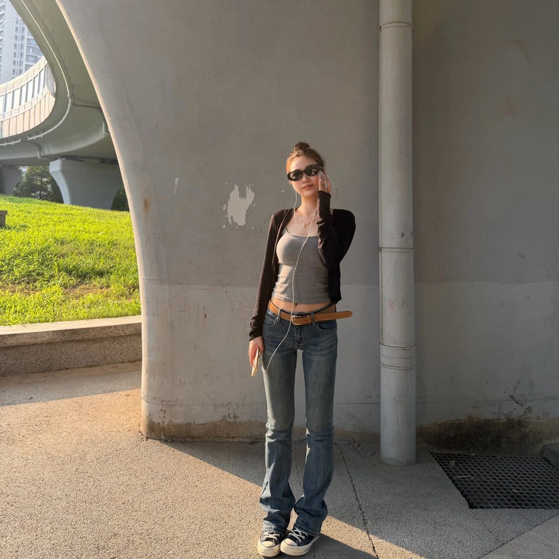 Xinyawu Summer Thin Low-Waist Dark Blue Tight-Fitting Micro-Flared Denim Floor-Length Pants for Women