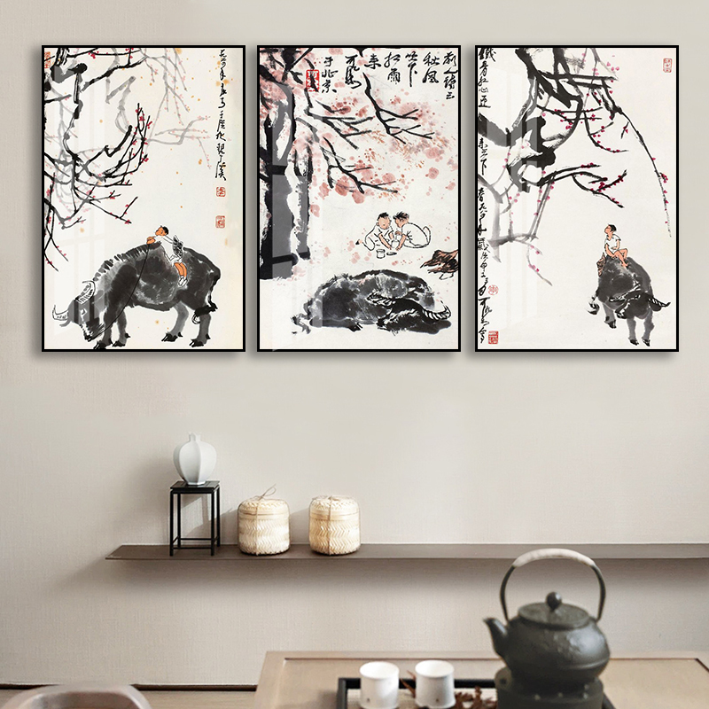 中国古美術・純手描き牧牛図三尺画芯・水墨画・李可染印款・書道品・宣紙・带水印 中国古美術・純手描き牧牛図三尺画芯・水墨画・李可染印款・書道