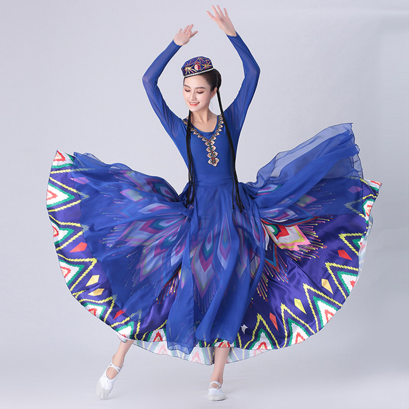 2021 new Xinjiang dance costumes blue practice costume art test stage Uyghur costumes big swing skirt