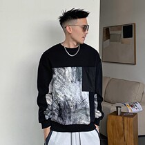 Uncle Spring Autumn Season Mens Round Collar Splicing Necropolis With Long Sleeves Loose Printed Jacket Blouse Jacket Thin and handsome Korean version of the wave