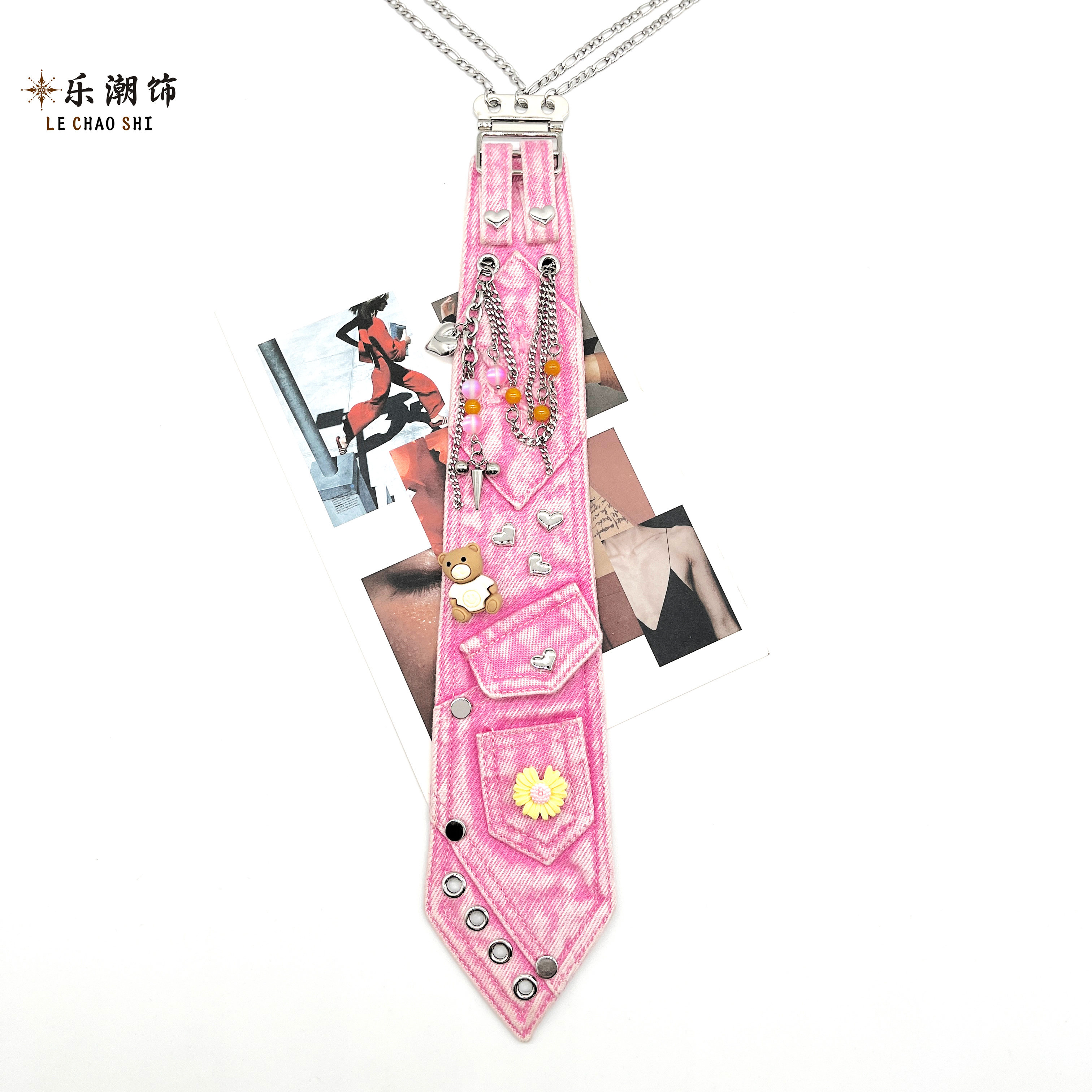 Lechao Original Trendy Brand Pink Denim Tie for Women - Stylish, Sexy, Cute, and Chic - INS Style - Teddy Bear Chain