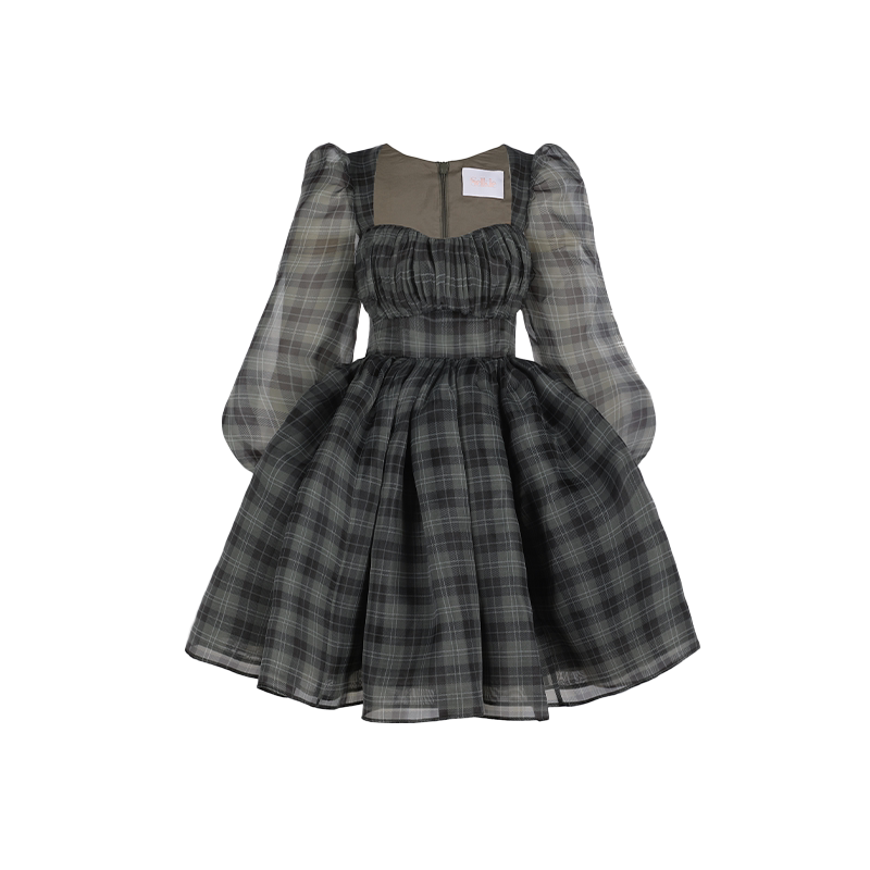 Long-Sleeved Puffy Dress Gray and White Checkered Print Mini Dress Selkie Collection