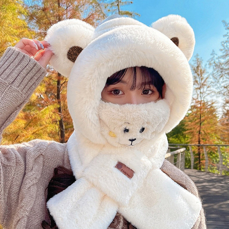 女性用冬用厚手暖かぬいぐるみイヤーハット。かわいい耳保護、防風マスク、スカーフが一体化。