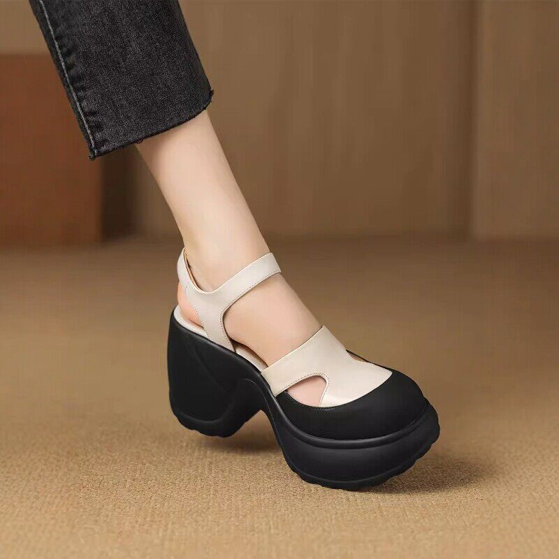 Yierkang Chanel-Style 10cm Height-Increasing Closed-Toe Sandals for Petite Women, New Summer Model, Genuine Leather, Chunky High Heels, Thick Platform Yierkang Chanel-Style 10cm Height-Increasing Closed-Toe Sandals for Petite Women, New Summer Model, Genuine Leather, Chunky High Heels, Thick Platform