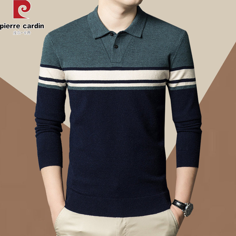 Pierre Cardin Autumn and Winter Men's Striped Wool Sweater Fashionable Turn-Down Collar Knit Sweater Warm Polo Shirt Base Layer Pierre Cardin Autumn and Winter Men's Striped Wool Sweater Fashionable Turn-Down Collar Knit Sweater Warm Polo Shirt Base Layer