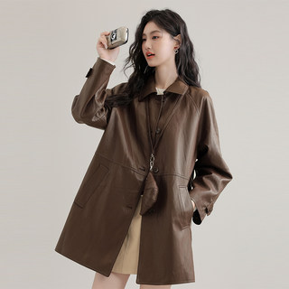2024 Spring and Autumn New Vintage Lapel Pu Leather Jacket for Women, Loose Coffee Color Melard Mid-Length Jacket Top