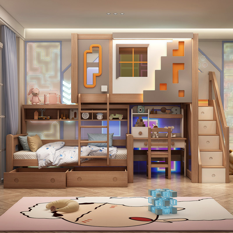 All Solid Wood Staggered Bed Building Block Castle with Interlocking Beds, Side Desks, Wardrobes, Pull-Out Beds, Bunk Beds, High and Low Children's Beds