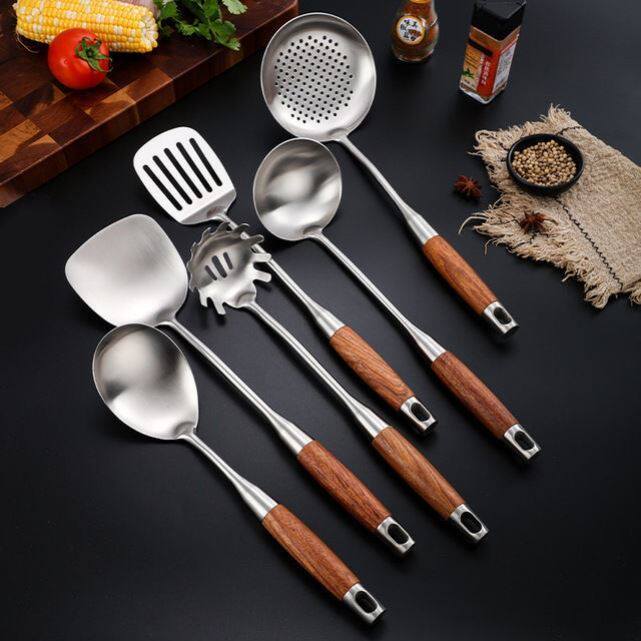 Rosewood stainless steel wok shovel cooking shovel thickened anti-scalding household frying spoon frying shovel colander shovel spoon set full set