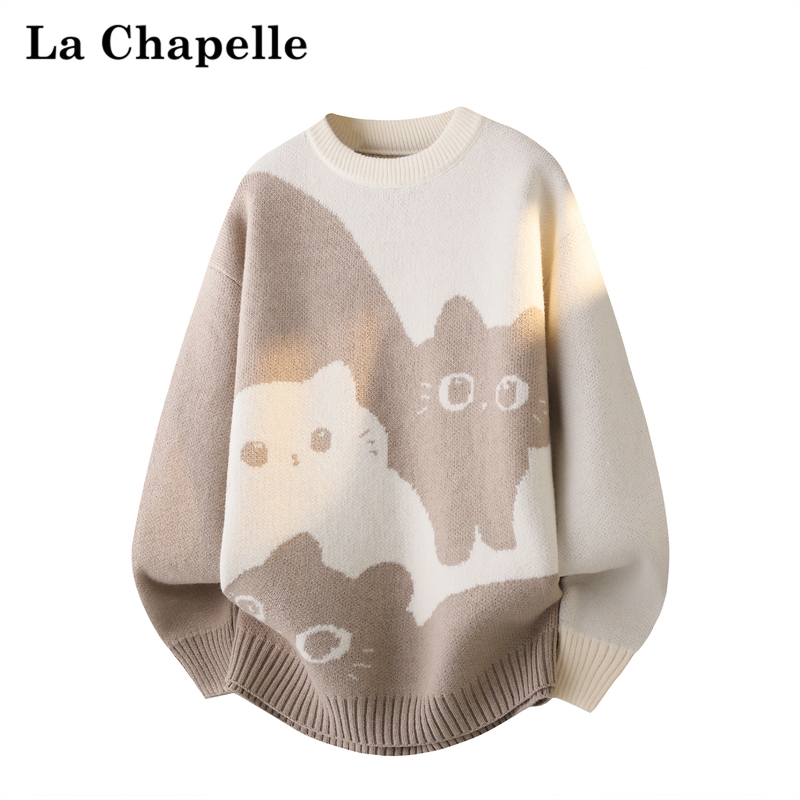 La Chapelle Lazy Style Girly Long-Sleeved Sweater for Women, Autumn Design with Cat Round Neck Breathable Knitwear