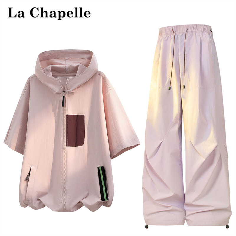 La Chapelle Patchwork Design Ice Silk Sports Suit for Women, Summer Loose Thin Pink Half-Sleeve Top Set