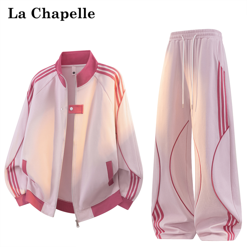 La Chapelle Striped Patchwork Cardigan Sweatshirt Set for Women, Autumn Loose Breathable Sports Jacket and Pants Set La Chapelle Striped Patchwork Cardigan Sweatshirt Set for Women, Autumn Loose Breathable Sports Jacket and Pants Set