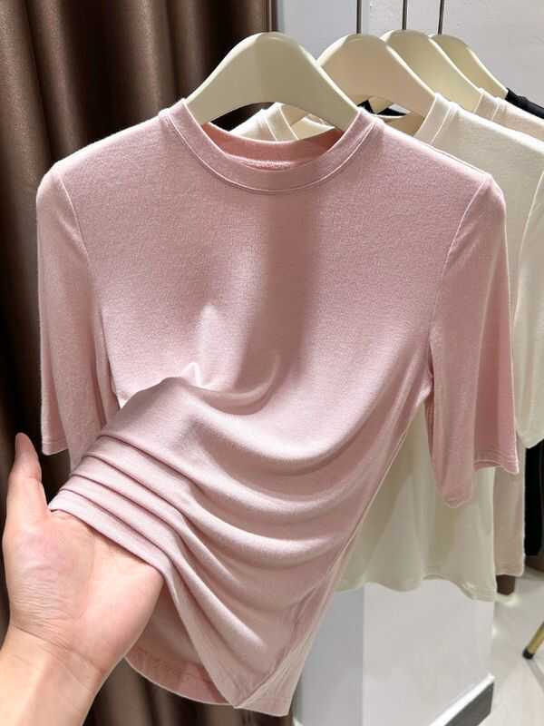 Super Elastic Skin-Friendly Mid-Sleeve Base Shirt for Women, New Spring/Summer Short-Sleeve T-Shirt, Modal Inner Layer, Thin Pink Top