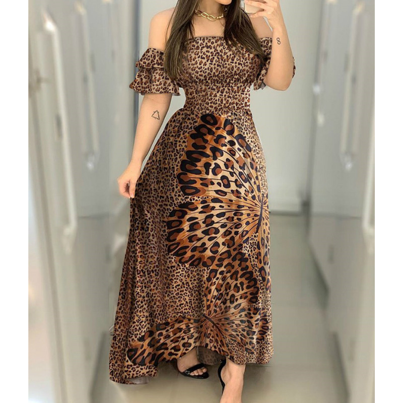 Off Shoulder Party Dresses Women Lady Ruffle Leopard Print