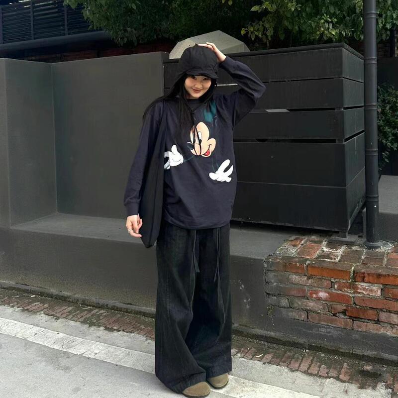 American Trendy Brand Mickey Mouse Print Black Long-Sleeved T-Shirt for Women Early Spring and Autum 2025 New Loose Couple Wear
