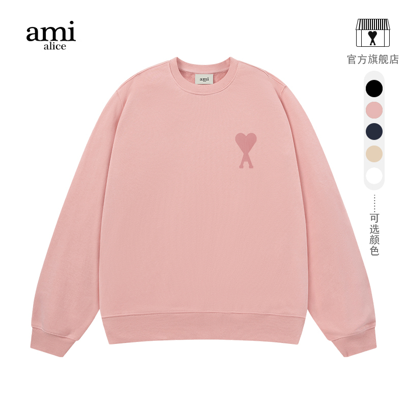 Ami Alice Official Autumn Fleece Sweatshirt for Men and Women, Pink Crew Neck Top, Loose Fit Couple Outfit, Heart-Shaped Trendy Brand