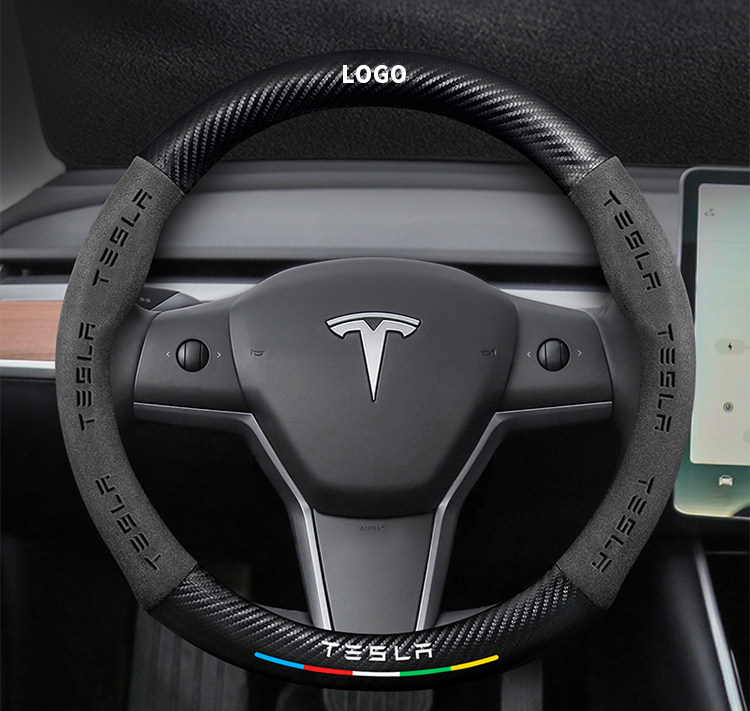 Suitable for Tesla Model 3 Steering Wheel Cover New Version Genuine Leather Suede Carbon Fiber Ultra-Thin Car Handlebar Cover