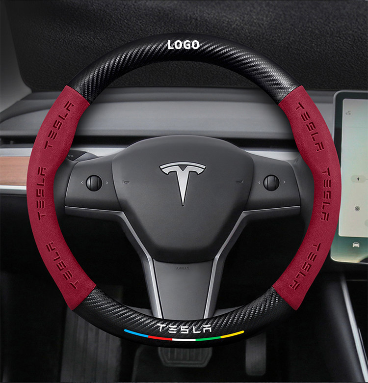 Suitable for Tesla Model 3 Steering Wheel Cover New Version Genuine Leather Suede Carbon Fiber Ultra-Thin Car Handlebar Cover