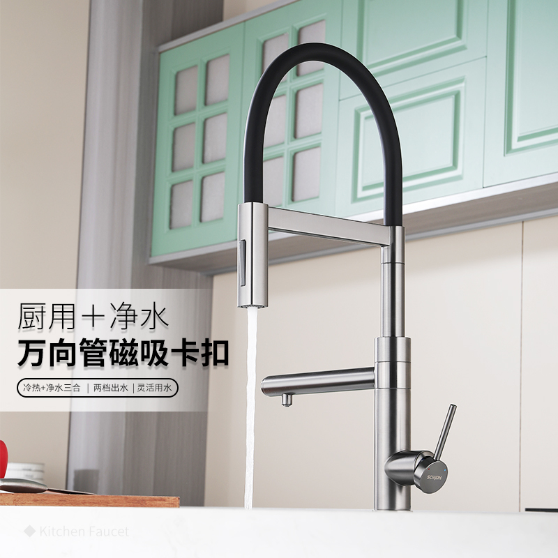 German Shijiang Kitchen Sink Faucet, Hot and Cold, All-Copper, Three-In-One, Rotatable, Swivel, Pull-Out Sink Faucet