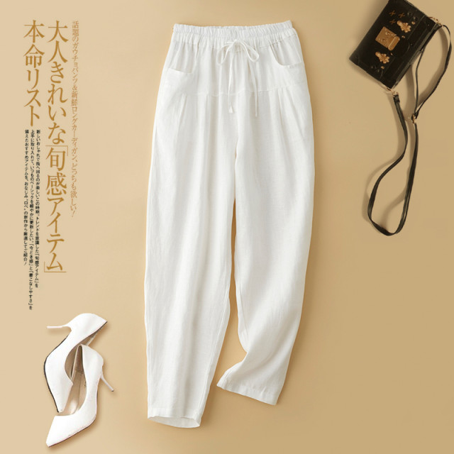 White cotton and linen pants for women summer thin linen pants 2025