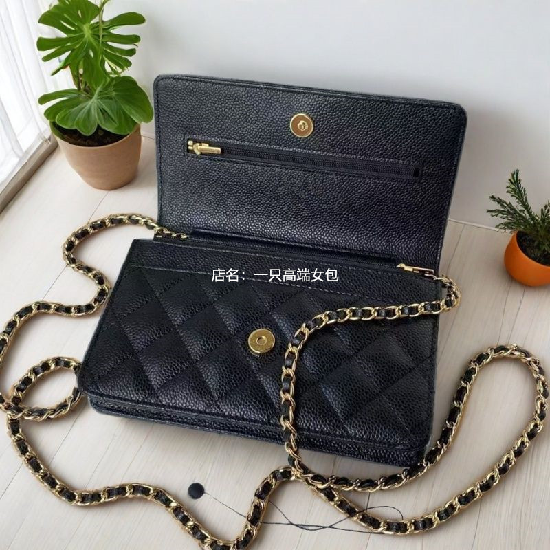 Caviar Leather Genuine Leather Women's Bag Fortune Bag Woc Chanel-Style Quilted Chain Crossbody Shoulder Small Square Bag Phone Bag
