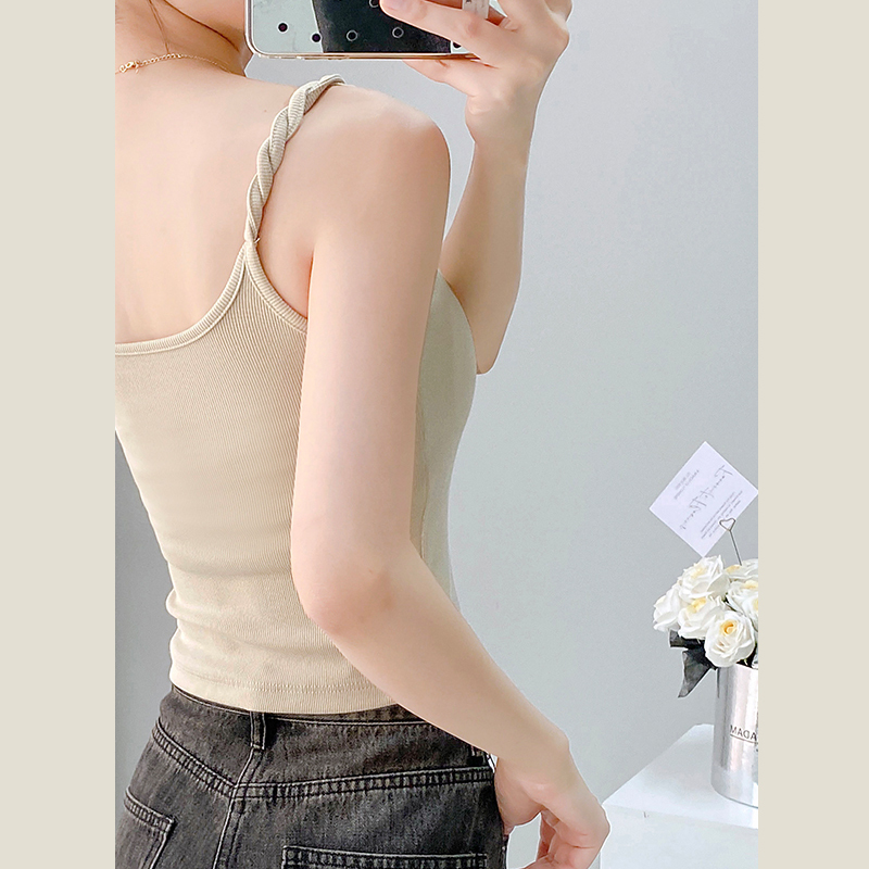 Guliangjia Braided Knot Design Camisole with Elastic Ribbed Fabric and Built-In Chest Pads