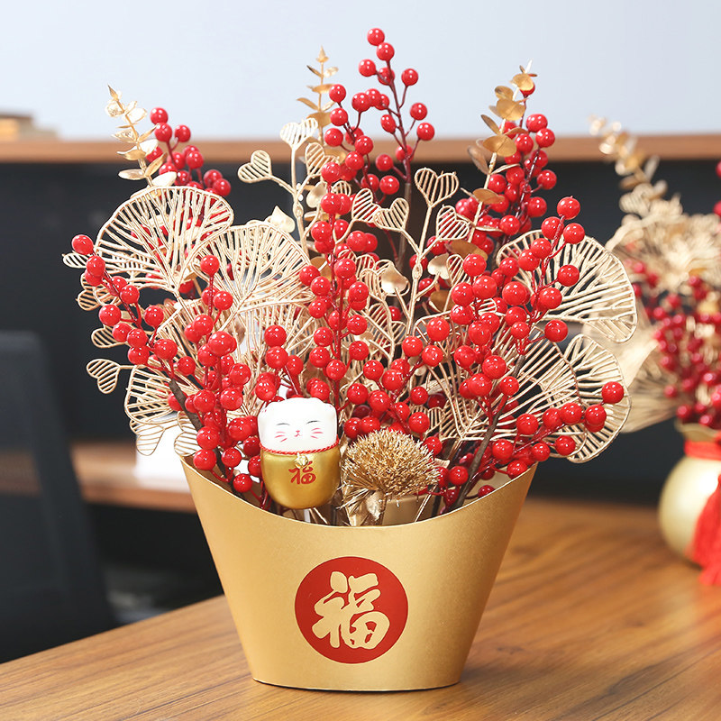 New Year's decorative flower home desktop decoration blessing barrel Spring Festival New Year red fruit fortune tree hall atmosphere decoration decoration