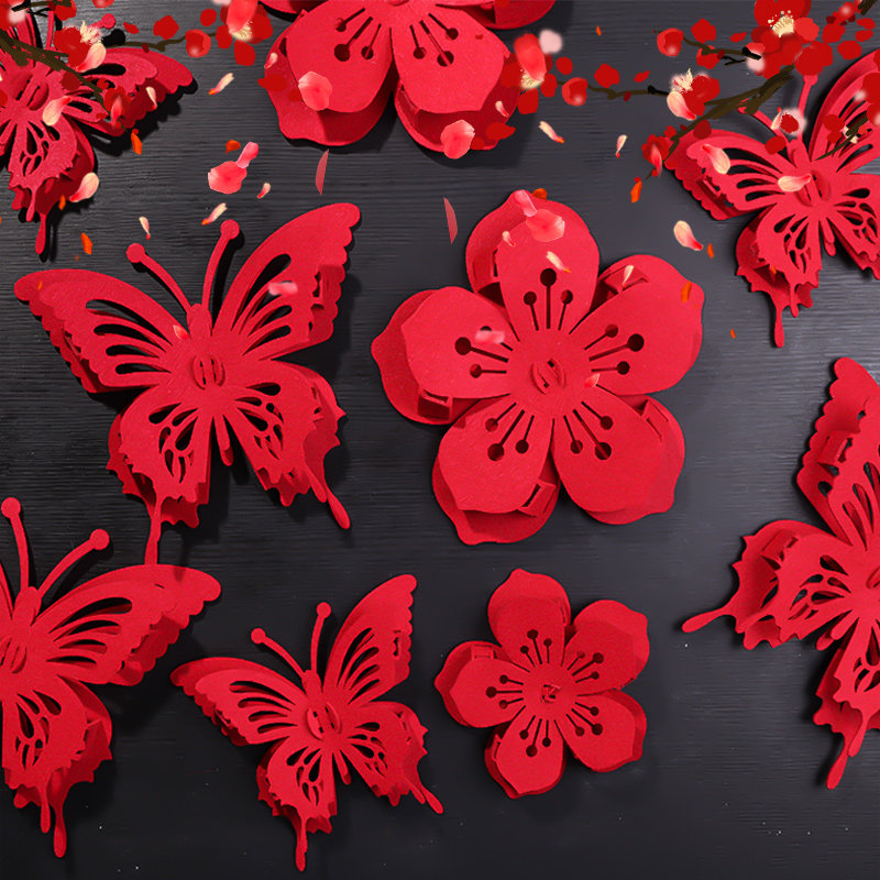 Newlywed non-woven butterfly peach blossom three-dimensional wall stickers wedding room background wall decorations woman bedroom wedding arrangement