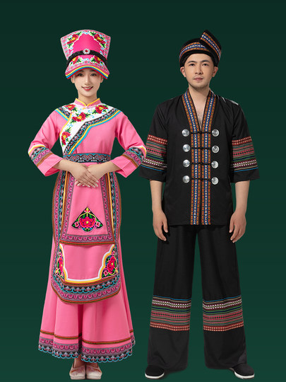 Qiang-Kostüme, Tanzperformance-Kostüme für Erwachsene für Männer und Frauen, lange Röcke der ethnischen Minderheit Sichuan, Kunsttest-Foto-Performance-Kostümsets