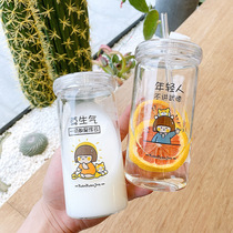 Cartoon Straw Cup Schoolgirls Cute Printed Fresh Glass Cups Portable leakproof office Home Milk Cups