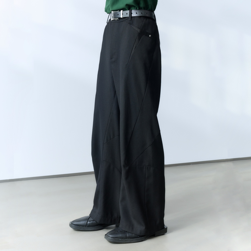 Yunyi [Hilly] Heavy-Duty Herringbone Pattern Geometric Structure Patchwork Wide-Leg Casual Trousers