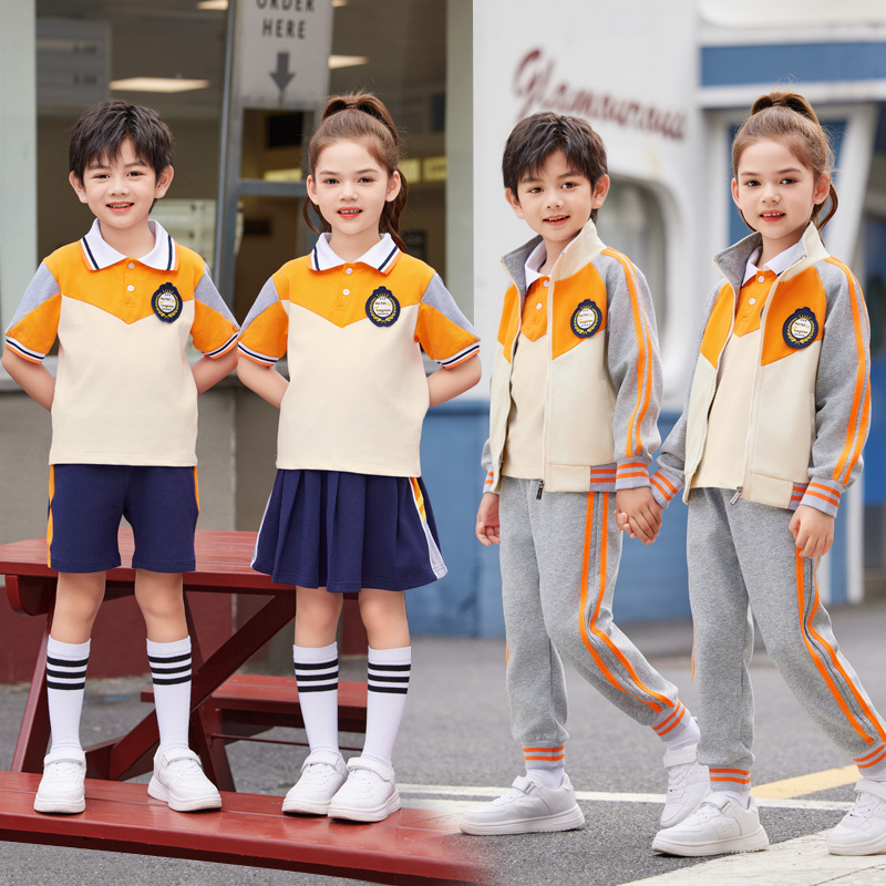 Primary School Uniforms, Spring and Autumn Outfits, Orange Summer Short-Sleeved Kindergarten Uniforms, Sports Meeting Children's Class Uniforms, Three or Four-Piece Sets
