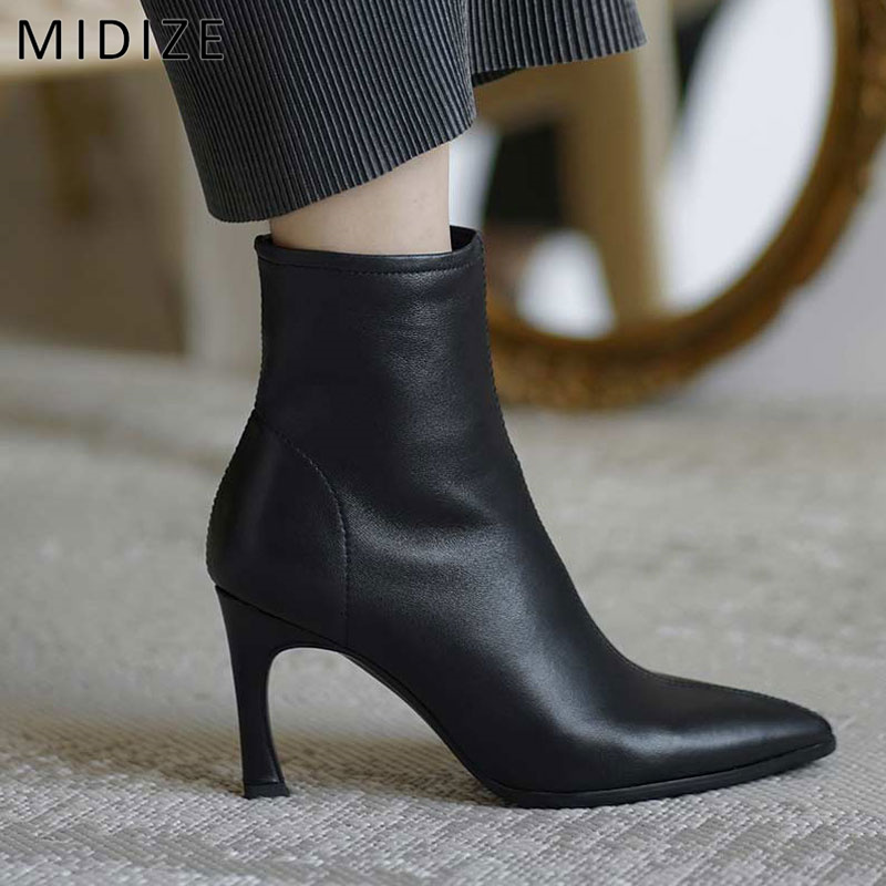 MIDIZE sheepskin short boots shoes women's 2022 new winter temperament all-match stiletto high heels leather boots