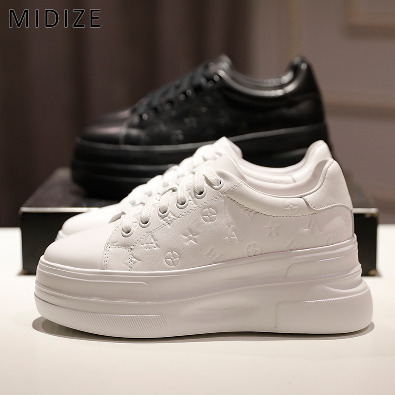 MIDIZE Small white shoes for children of leather shoes in 2023 new spring thick soles increase leisure sports pine shoes