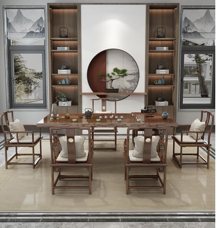 Solid wood large plate tea table log tea table tea table new Chinese simple modern Kung Fu coffee table tea table and chair combination