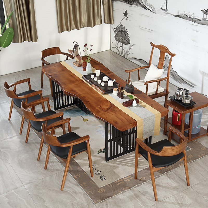 Simple and modern new Chinese log large board table whole board irregular office coffee table tea table solid wood tea table and chair combination