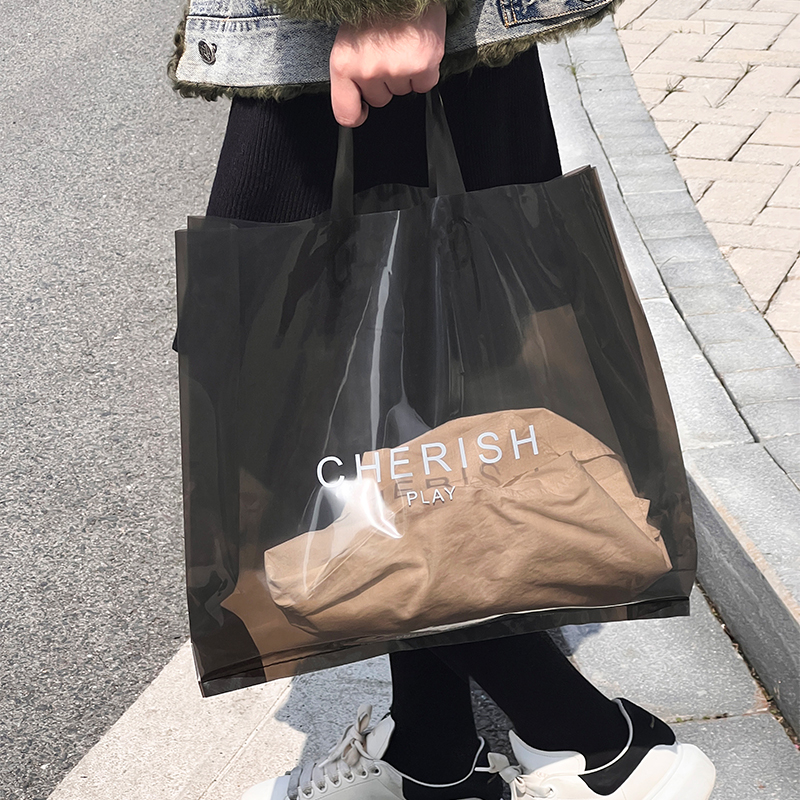 Black clothing store women's clothing clothes hand carry bag transparent high-end portable plastic shopping bag wholesale customization