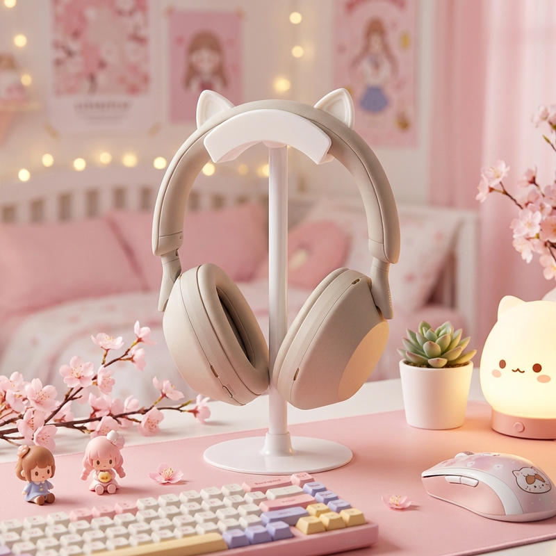 Cute Girl Pink Gaming Headset Stand Head-Mounted Hanger Bracket Computer Desktop Storage Display