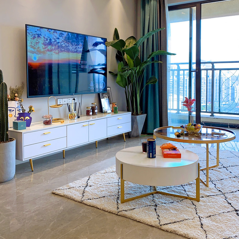 Nordic light luxury slate TV cabinet coffee table combination simple small apartment living room white 1 8 meters post-modern floor cabinet