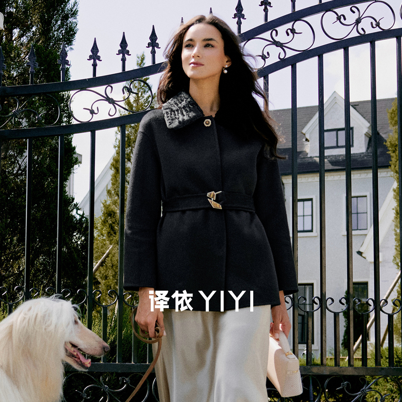 Yiyi Yi World Collection Hepburn Coat Italian Imported All-Cashmere Fur Collar Black Wool Coat