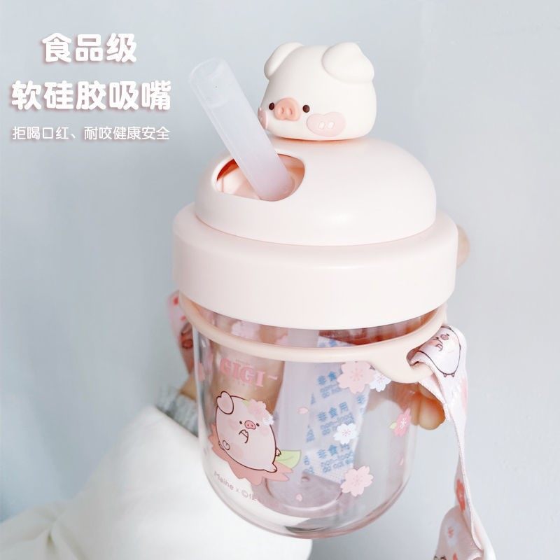 Pig Pig Play Lid Straw Cup Pink Girl Hearts Small Capacity Cartoon Cute Pig Pig Rotary Straw Cup Portable Water Cup
